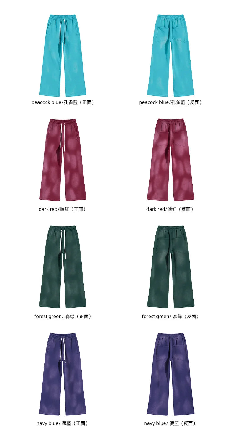 2025 Winter New Fleece Sweatpants Men Splashing Ink Spray Dyeing Wash Distressed Wide Joggers Grinding Edges Baggy Plush Pants