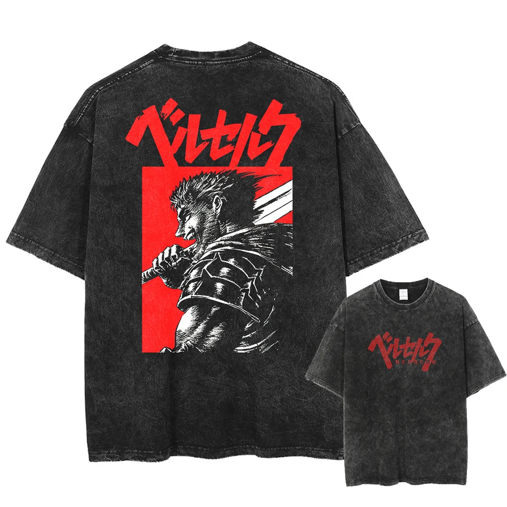 Anime Berserk Guts Printed Washed T-shirt Men Manga Street Tshirts Washed Cotton Harajuku Male Vintage Gothic Tops T Shirt