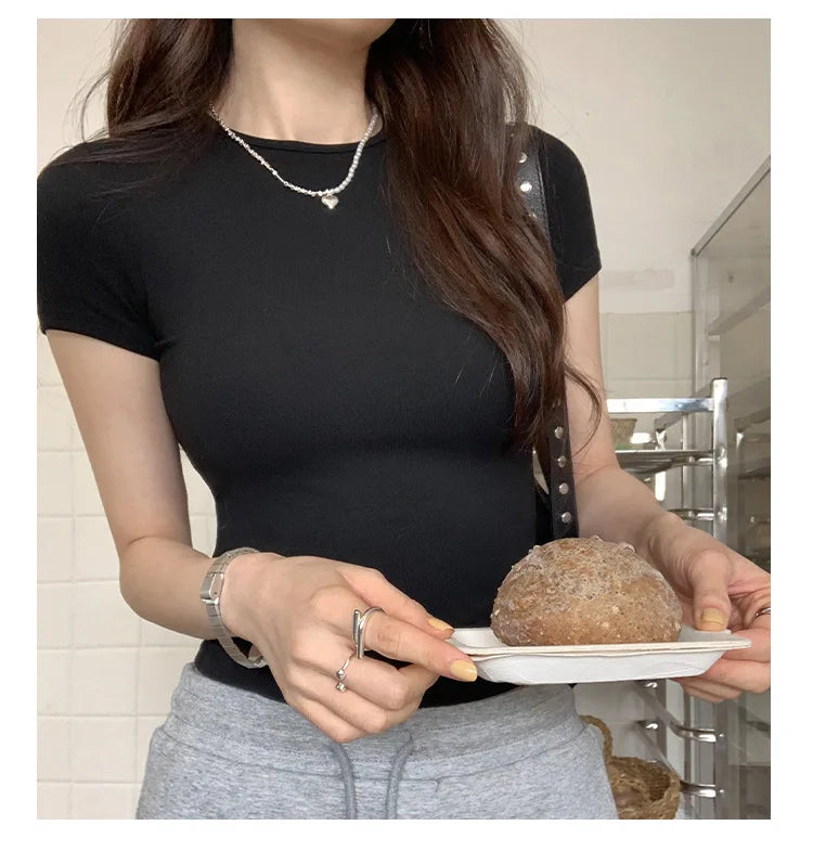 American style spicy girl shoulder T-shirt for women in summer 2025, tight fitting and slimming short top, basic elastic short s