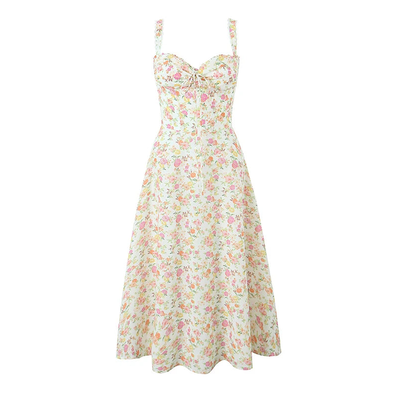 YENKYE Sexy Elegant Women Lace Patchwork Floral Print Sling Midi Dresses Holiday Summer Lady Party Vestidos Cotton Robe