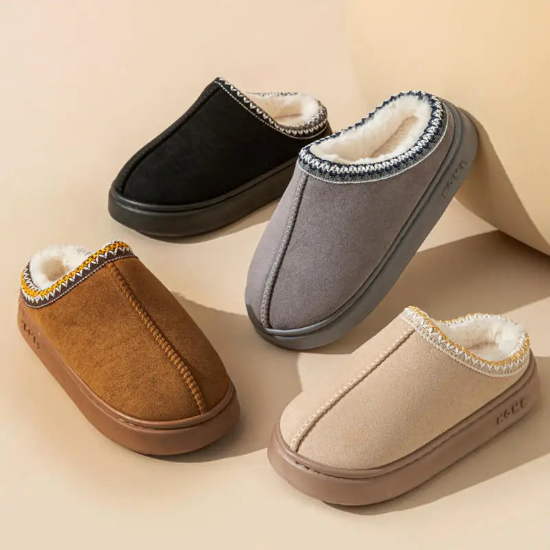 Comfort Thick Bottom Cotton Slippers Women 2025 Winter Warm Thick Plush Non Slip Furry Clogs Shoes Embroidery Suede Snow Boots