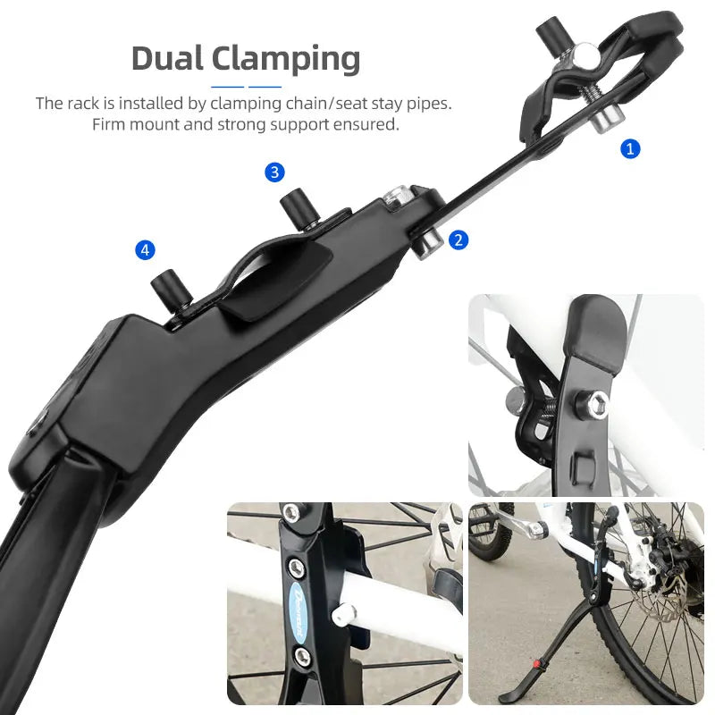 Dual Clamps Kickstand 24-29in Quick Height Adjust Bicycle Parking Rack MTB Road Chain Seat Stay Tubes Firm Install Strong Suppor