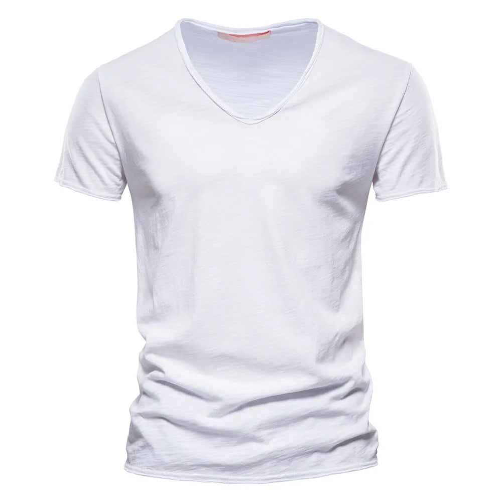 S-5XL 100% Cotton Men's T-Shirts Fashion Design V-neck Casual Slim Fit Basic Solid Summer T Shirt For Men-F037