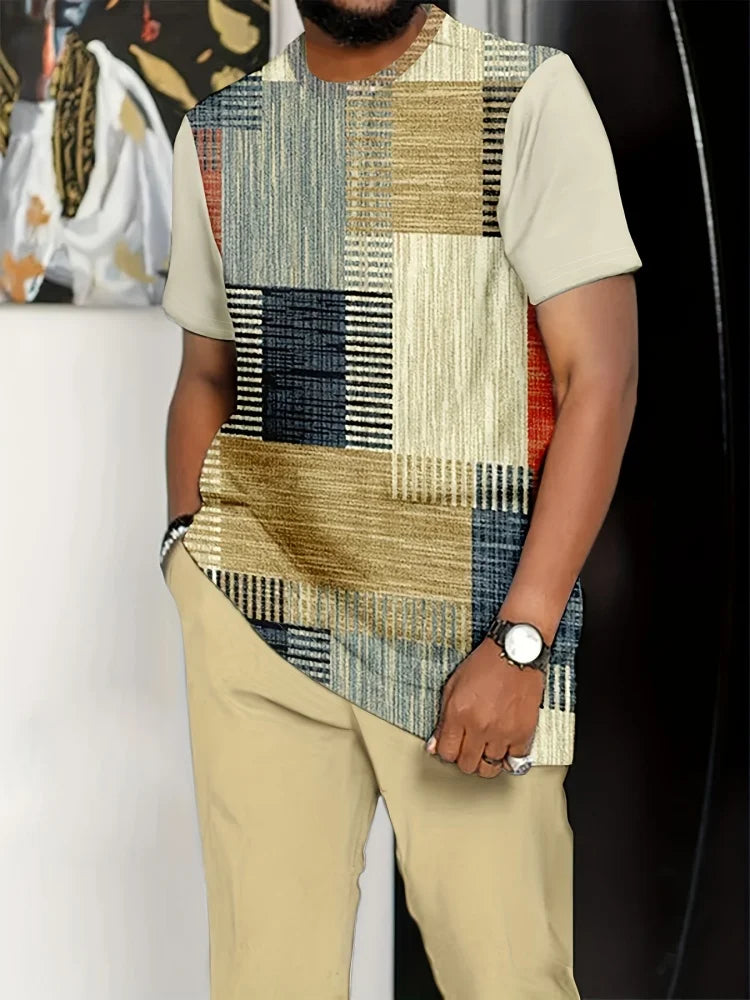 Summer Men's Short-Sleeve Suit Striped Print Short-Sleeve Top Paired With Tailored Trousers Outdoor & Streetwear Two-Piece Set