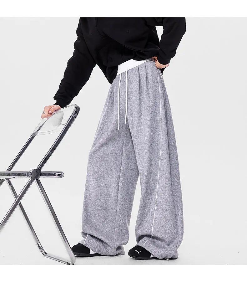 Men's Minimalist Oversized Wide Leg Sweatpants Contrast Stripe Drawstring Waist Streetwear Pants