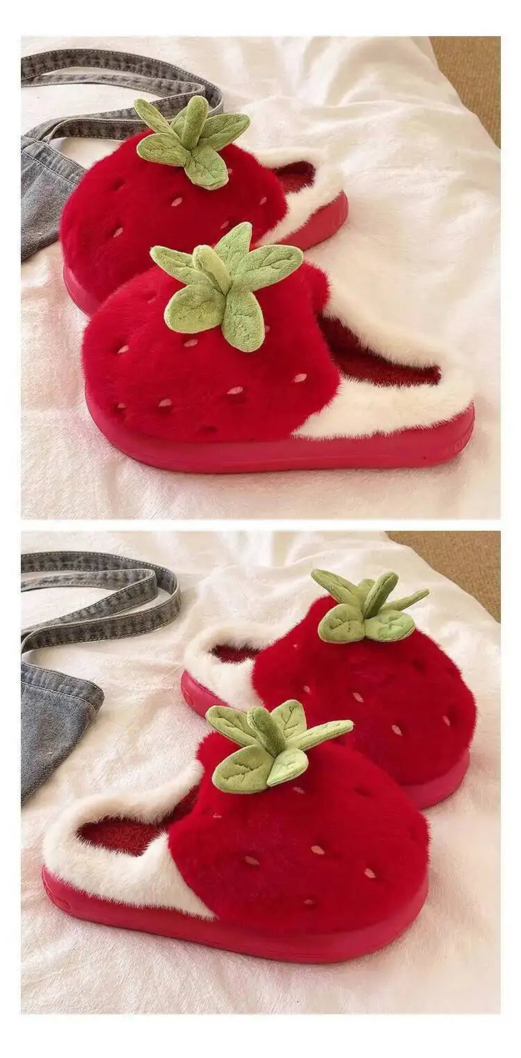 Winter Women's Furry Cotton Home Slippers Cute Strawberry Design Warm Thick Soled Anti Slip Indoor Household Outdoor Wearable