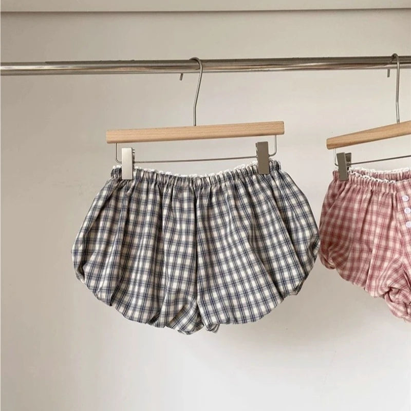 Women's Plaid Bubble Shorts Elastic Waist Bloomer Shorts Casual Short Pants Summer Streetwear шорты женские