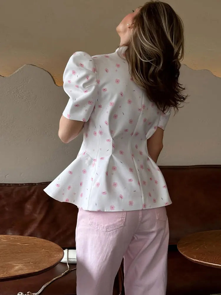 Waist Cinching Floral Suit Jacket Lady V-Neck Short Bubble Sleeve Shoulder Pad Jackets Fashion Daily 2026 Summer New Woman Coat