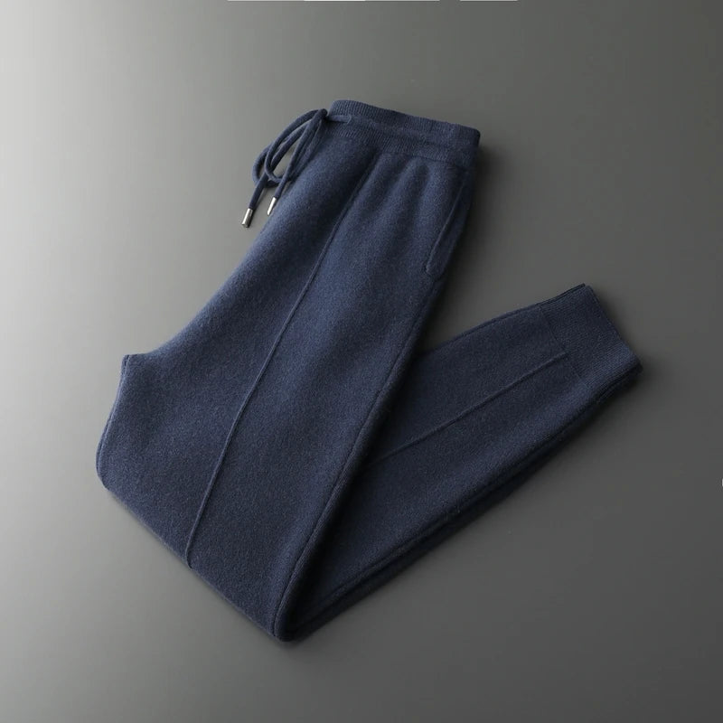 Autumn and Winter Thickened High Waisted 100% Merino Wool Men's Pants Small Leg Pants Casual Business Knitted Sweatpants Warm