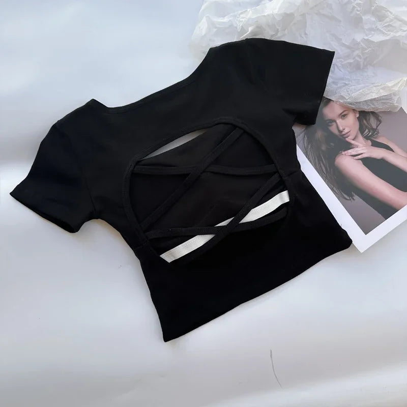 T-shirt Woman Clothing Square Neckline Tops Short Sleeve Crop Top with Bras for Women Girls Sexy Street Wear Backless Top Tees