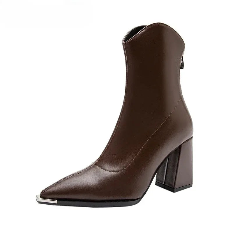 Pointed Toe Women's Ankle Boots Fashion Back Zippers Short Botas Ladies Elegant Square High Heel Winter Women's Footwear