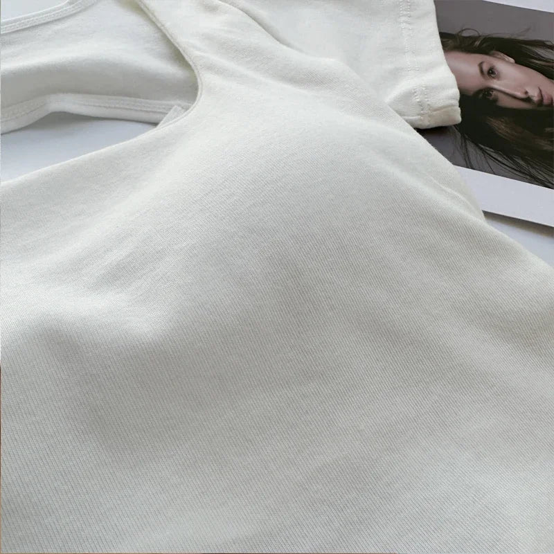 T-shirt Woman Clothing Square Neckline Tops Short Sleeve Crop Top with Bras for Women Girls Sexy Street Wear Backless Top Tees