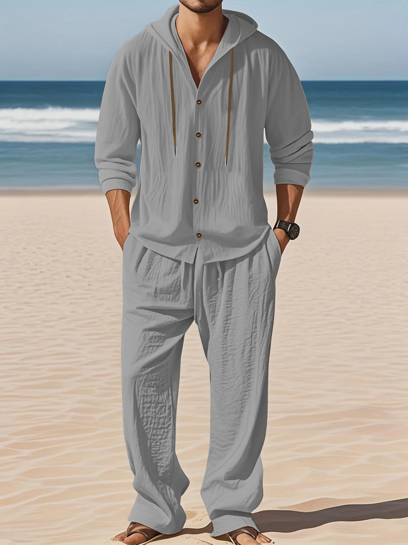 Men's Linen Long-Sleeved Shirt And Pants Set Breathable Outdoor Leisure Hiking Beach Sports Clothing for Spring Summer Autumn