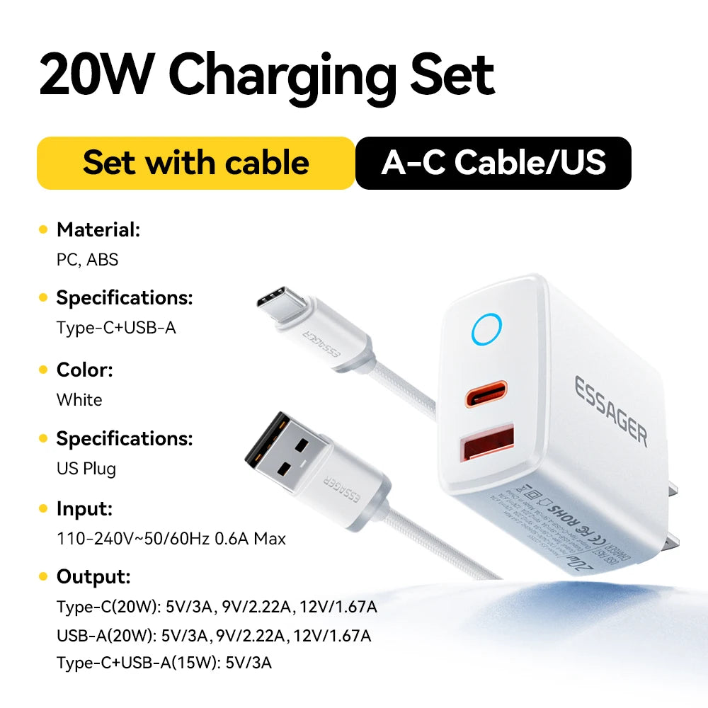 Essager 20W USB Type C Charger 3A PD Quick Charge With Type-C Lighting Micro Cable Fast Charging For iPhone 17 16 Xiaomi Huawei
