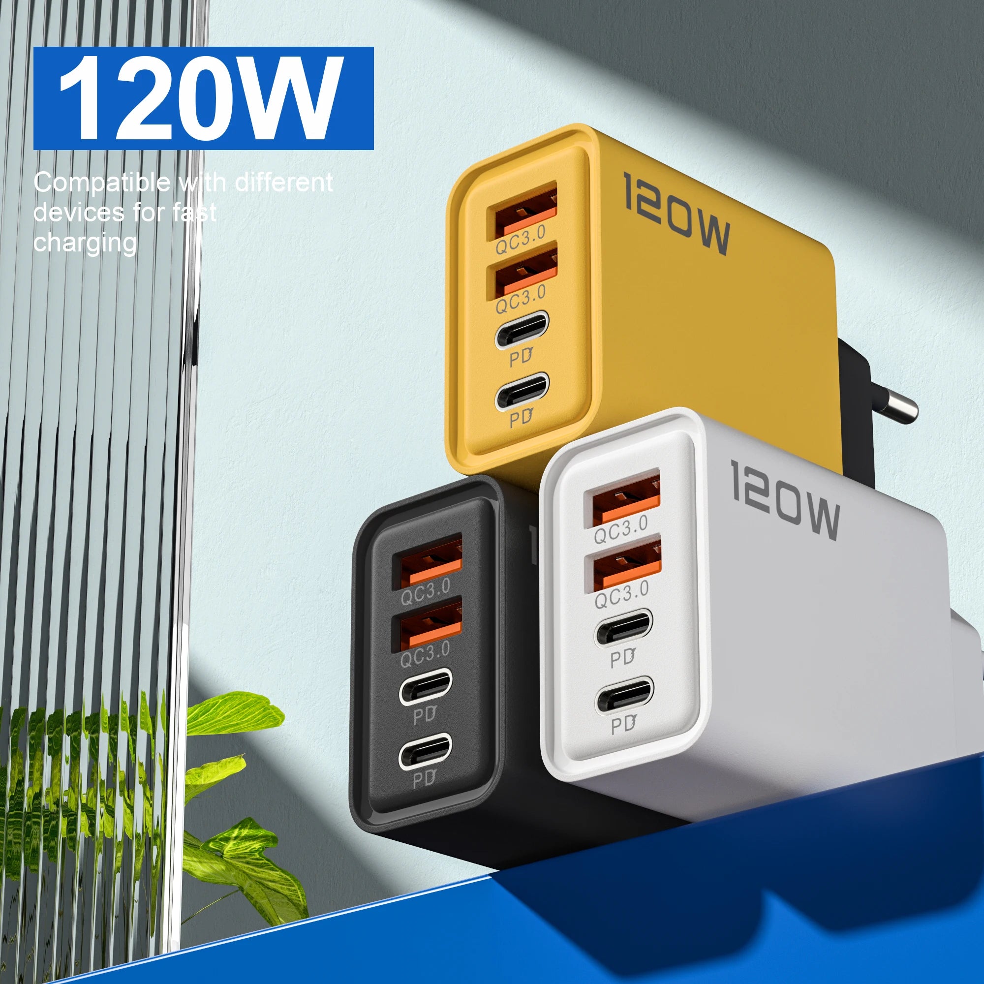 4 Ports 120W Charger USB C PD Quick Charge 3.0 Type C USB Phone Chargers Fast Charging Adapter For iPhone Samsung Xiaomi Huawei