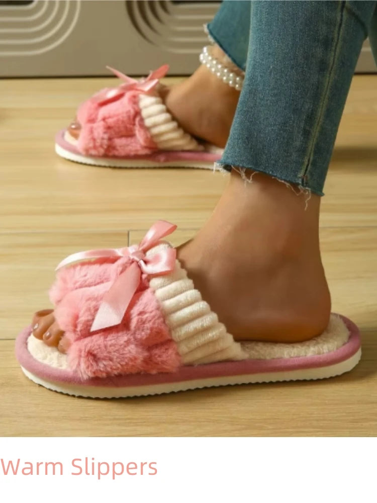 Autumn Winter Women Fashion Indoor Plush Bow Slippers Females New Lovely Bowknot Slides Men Home Cute Warm Fluffy Light Sandals