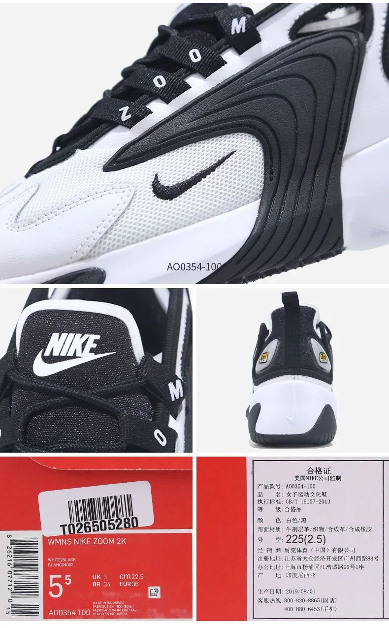 Nike Zoom 2K Air Speed Foam Non-Slip Breathable Mid-Top Air Cushion Casual City Commuting Running Shoes Women's Black and White Panda Ao0354-100
