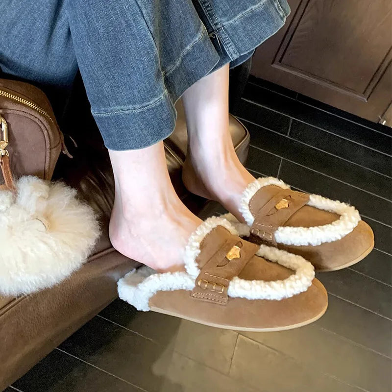 Women's slippers 2025 autumn and winter warm fur half slippers for wearing outside slippers