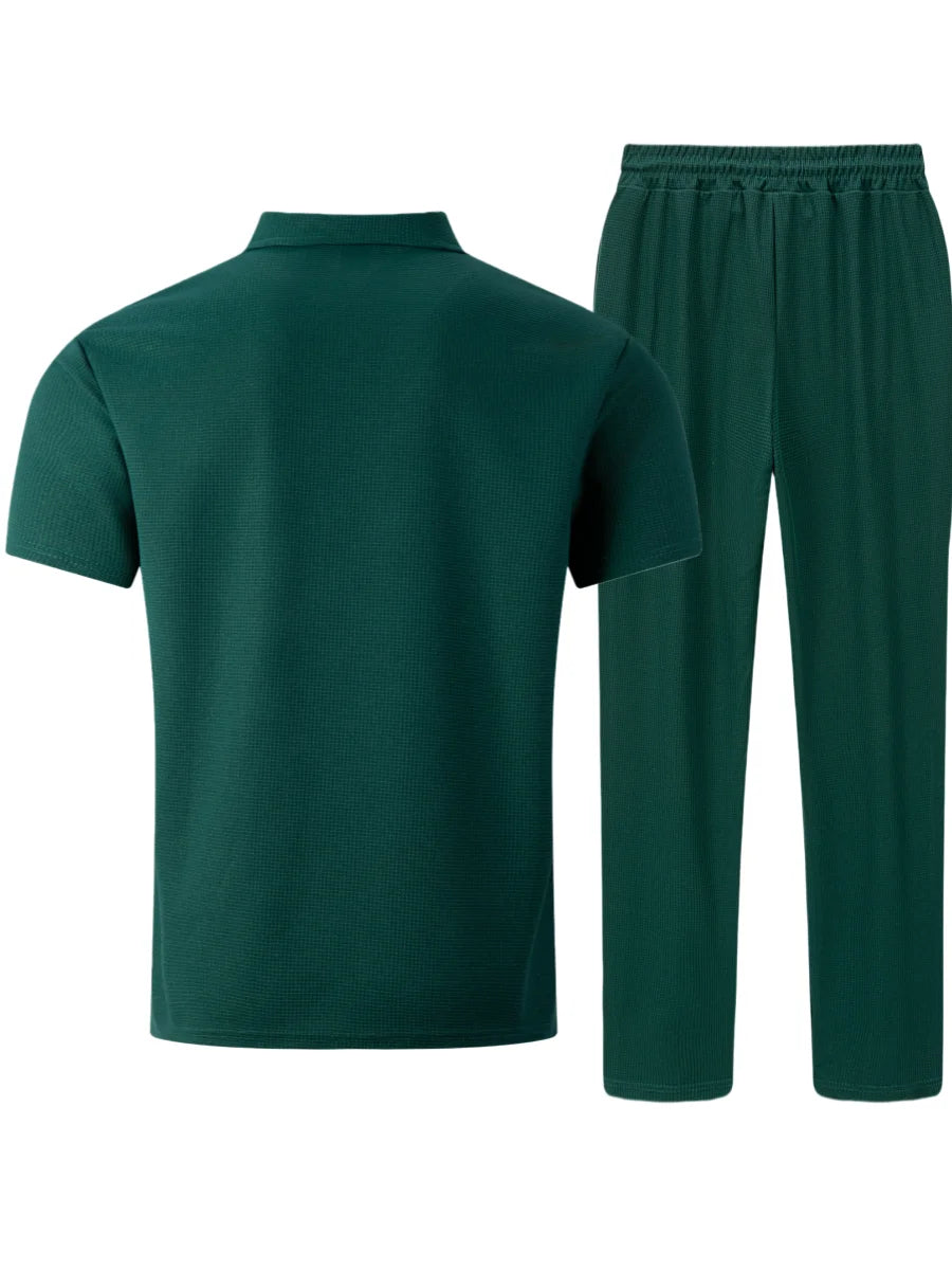 Summer New Men's Waffle Casual Tracksuit, Lapel Collar Double Pocket Solid Polo Shirt and Long Pants Set