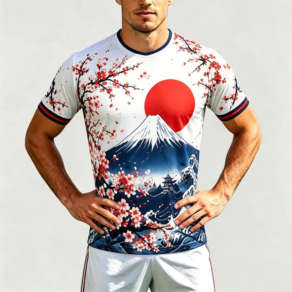 New Japanese Style Print Football Jersey Summer Breathable And Quick-drying Cherry Blossom Graphic T-shirt Unisex Casual Tops