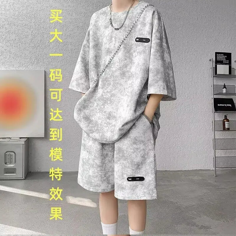 Asian Size M-8XlTie Dye Ice Silk Two-piece Set Men Polyester Short Sleeve Shorts Suit Slim Fit High Quality Basic Outfits Summe