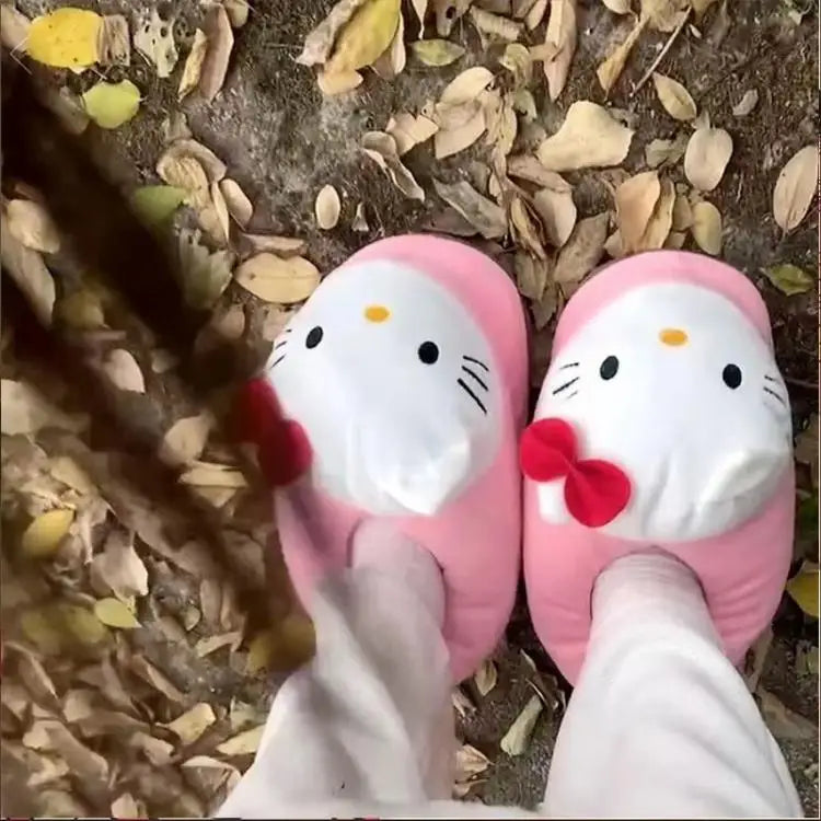 Y2K Hello Kitty Women Plush Cotton Shoes Big Head Slippers Sanrio Kawaii Anime Flat Shoes Winter Warm Thickened Cute Student