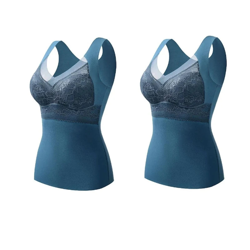 2pcs Woman Thermal Underwear Thermo Lingerie Winter Soft Warm Top Wear Thermo Vest  Undershirt Intimate Lace with Bra Padded
