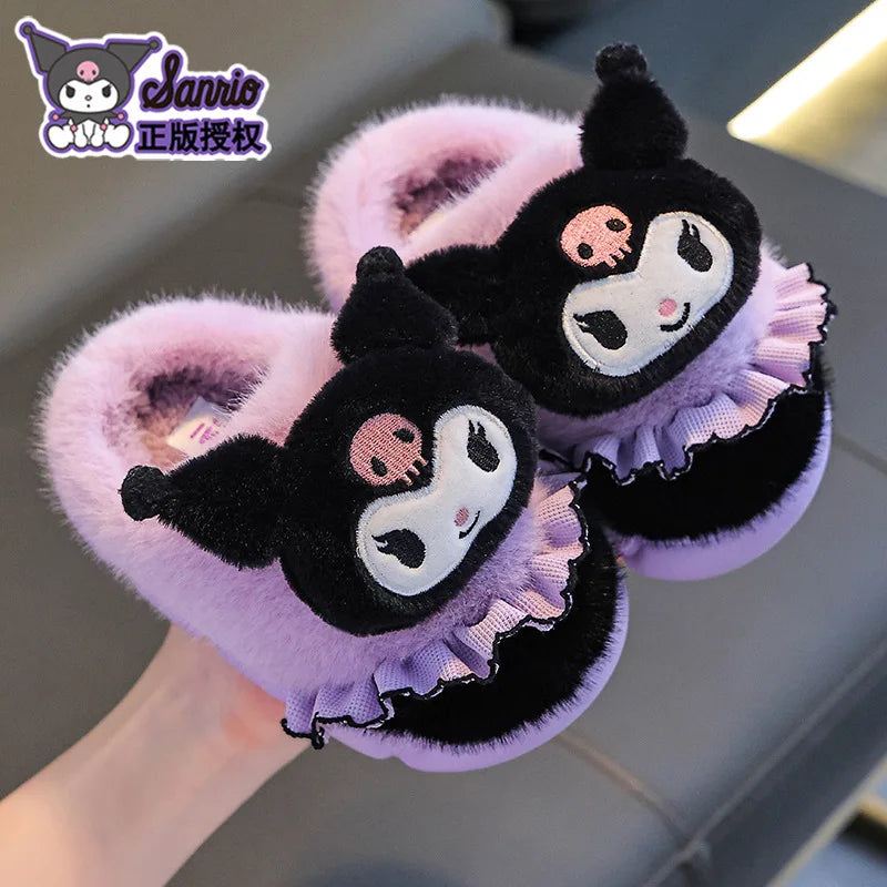 Sanrio Kawaii Girls Plush Slippers Cute Kuromi Hello Kitty My Melody Cartoon Student Winter Home Indoor Anti-Slip Warm Shoes