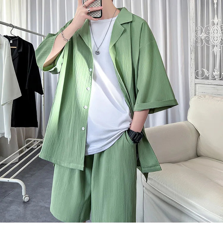 Korean Style Men's Set Shirt+Shorts Solid Short Sleeve Top Matching Bottoms Summer Fashion Oversized Clothing Men