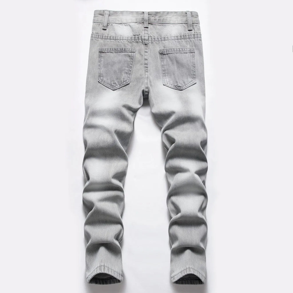 Jeans Boys Straight Ripped Children Washed Distressed Pockets Stretch Casual Denim Trousers Big Kids Streetwear 2025 Hole Pants