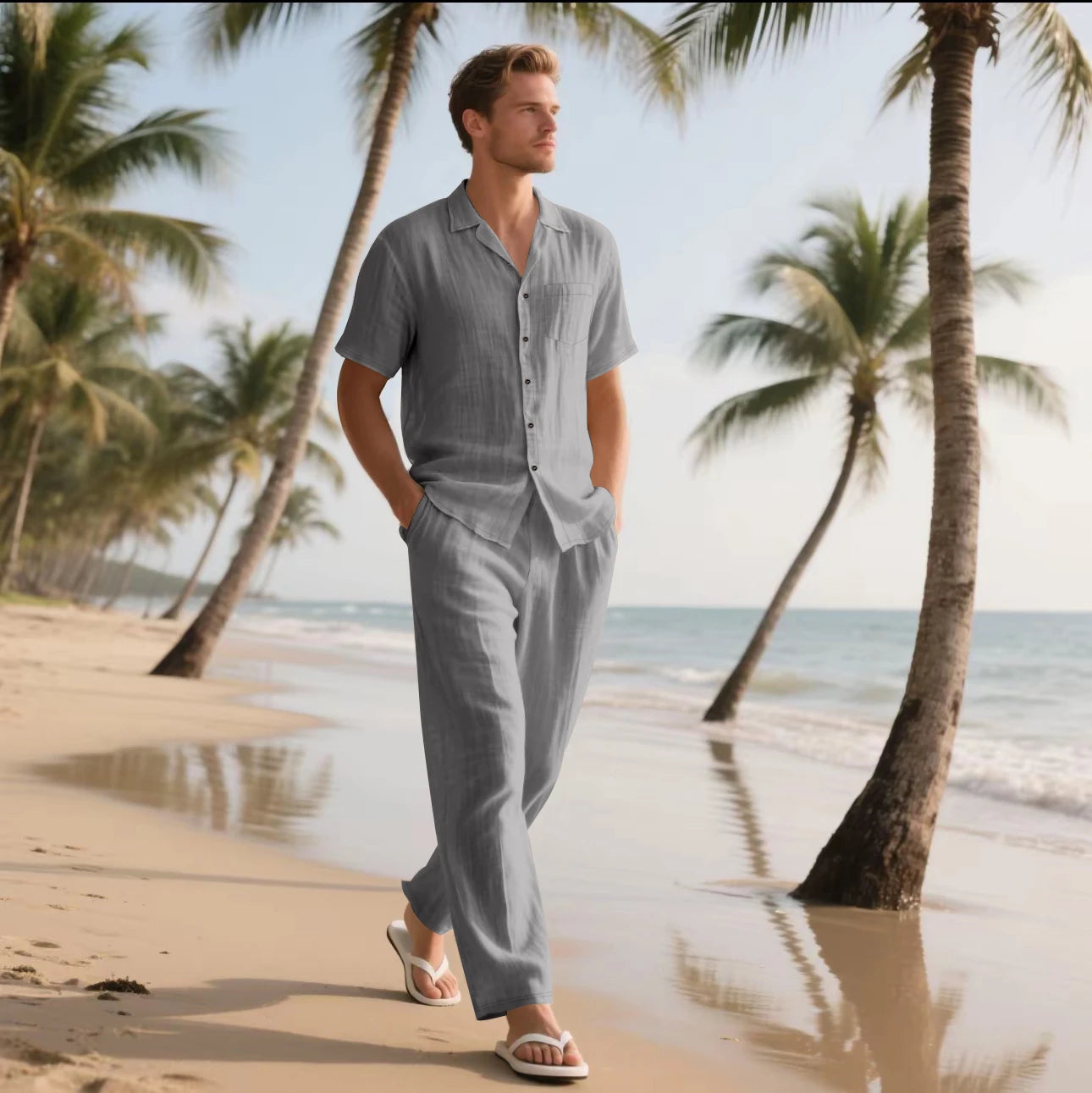 2025 New Arrival Men's Casual Tracksuit Linen Shirt and Pants Set Breathable Summer Outfits for Beach and Daily Wear