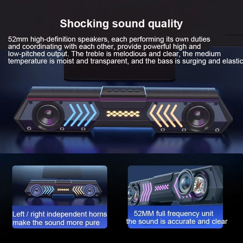 Desktop Wired Bluetooth Soundbar Computer Speaker HIFI Stereo Soundbox with Dynamic RGB Light Effect Double Bass Diaphragm