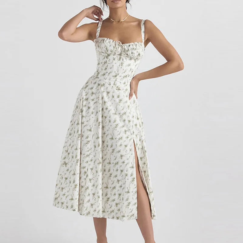 Women Summer Dress 2024 Fashion Floral Print Halter Sling V Neck Bra Sleeveless Gentle Woman mid-calf Dresses Vestidos GHH24128