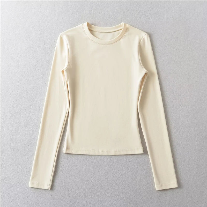 LUNDUNSHIJIA O-neck Long Sleeve T-shirts For Women 2025 New Spring Ladies Solid Cotton Slim Tee Shirts 10 Colors