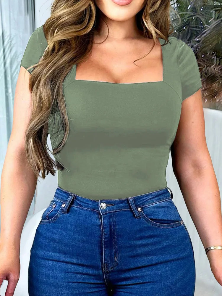 New Arrival Hot Seller 2024 Spring/Summer T-Shirt Women's Casual Square Neck Solid Color Slim-Fit Crop Top Short Sleeve