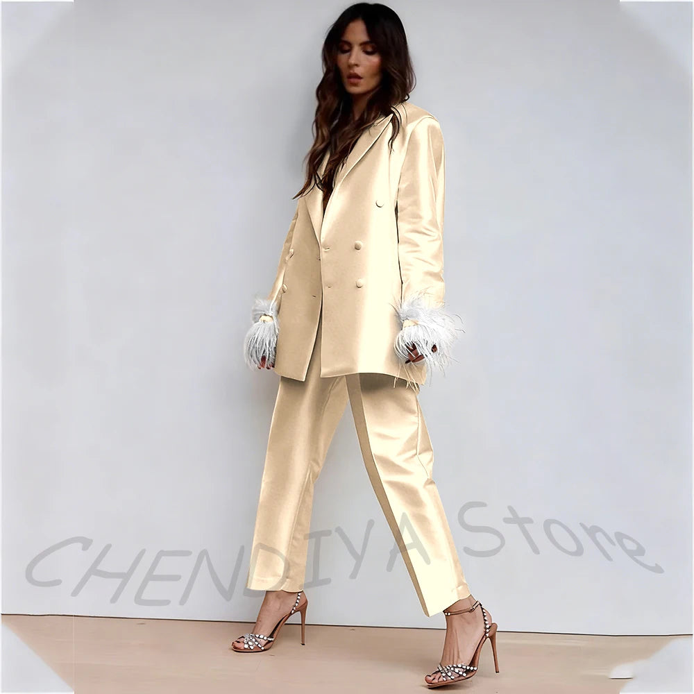 Luxury Feather Women's Suit Classic Design Double Breasted Ankle Length Elegant Outfit Two Pieces Formal Party Female Set