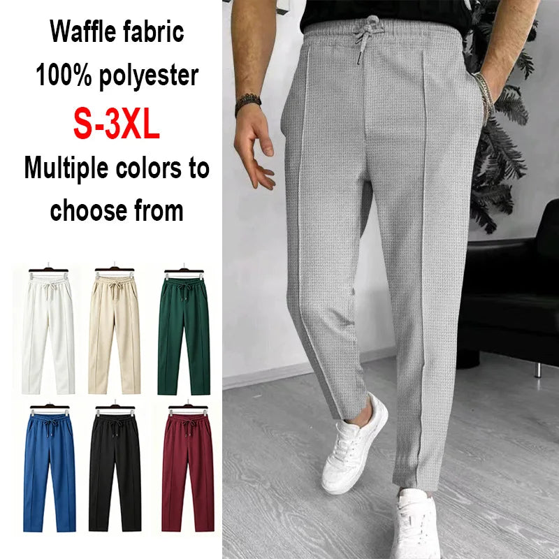 Men Waffle Knit Slim Fit Pants Drawstring Trousers With Pockets Stylish Design Spring Autumn Outdoor Travel Daily Street Wear
