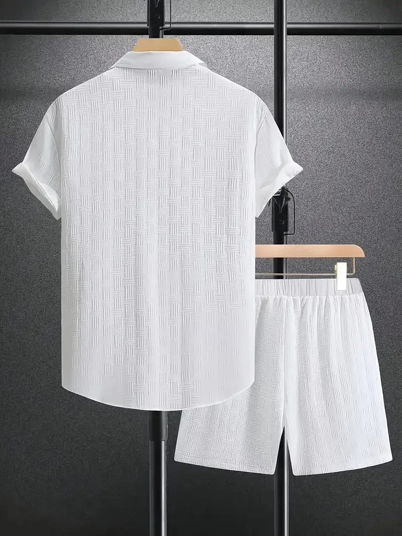 Summer Solid color Cotton linen Men's Shirt Set Fashion lapel Jacquard Short-sleeved Shirt Shorts 2 Piece Set Men's Shorts Suit