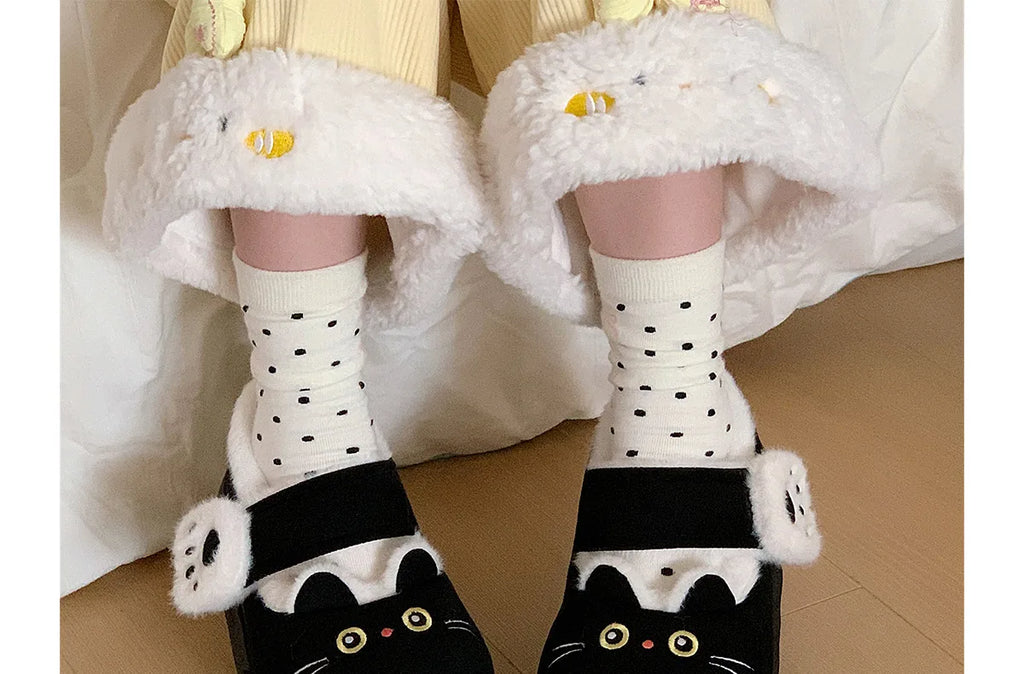 New fuzzy black cat shoes hook loop winter slippers for women indoor mary jane plush shoes mom shallow warm kitty slippers woman