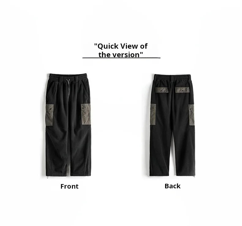 Maden Vintage Men's Brushed Fleece Sweatpants Black Cuffed Thermal Casual Pants Elastic Waist Multi-Pocket Trousers for Winter