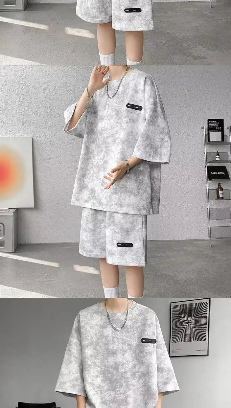 Asian Size M-8XlTie Dye Ice Silk Two-piece Set Men Polyester Short Sleeve Shorts Suit Slim Fit High Quality Basic Outfits Summe