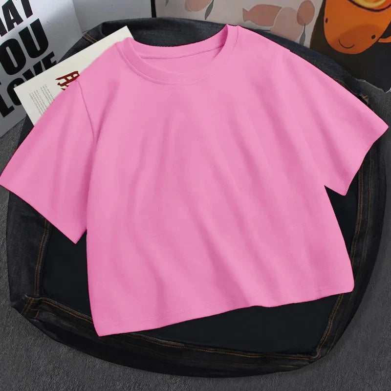 Summer Casual Short Sleeve Basic O Neck Solid Color Cropped Navel Women Crop Tops Soft Bodycon Fashion Tees Blouse