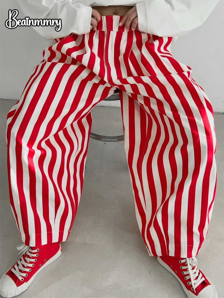 Red White Striped Balloon Pants Women's Elastic Waist Wide Leg Baggy Casual Trouser 2026 Summer New Streetwear Loose Fit Pants