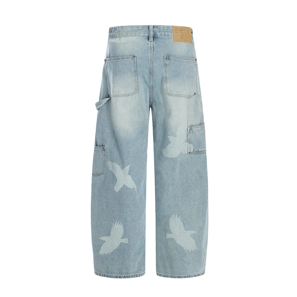 Pigeons Print Carpenter Denim Pant Mens Pocket Retro High Street Washed Distressed Loose Wide Leg ARC 3D JEANS