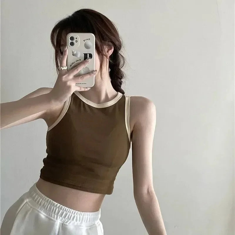 Spring Summer Color Block Sleeveless Vest Outerwear Pure Color Strap Innerwear Sports Top Base Shirt Beautiful Wrap Chest Women
