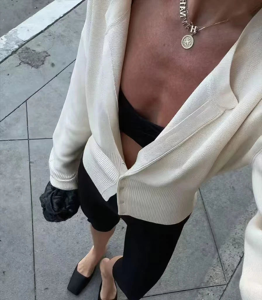 Women's Knitted Fitted Cardigan Elegant Long Sleeve Tops Sweater Knitwears Top Female Clothing 2025 Fall Black Brown White Blue