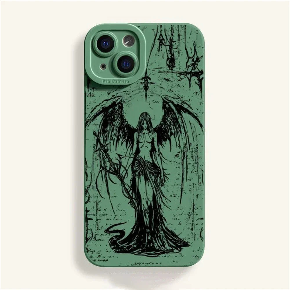Super Cool Luxury Black Angel Death demon Phone Case For iPhone 16 15 14 13 12 11 Pro Max XS MAX XR 7 8 PLUS Y2K Silicone Cover