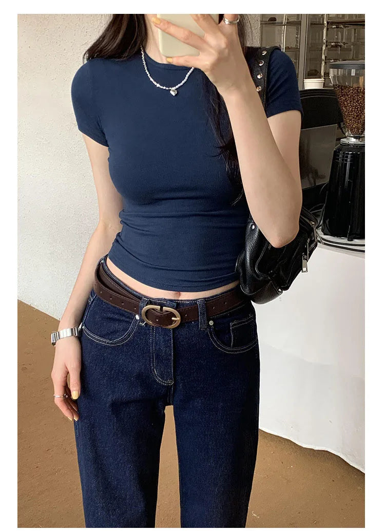 American style spicy girl shoulder T-shirt for women in summer 2025, tight fitting and slimming short top, basic elastic short s