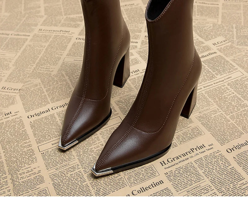 Pointed Toe Women's Ankle Boots Fashion Back Zippers Short Botas Ladies Elegant Square High Heel Winter Women's Footwear