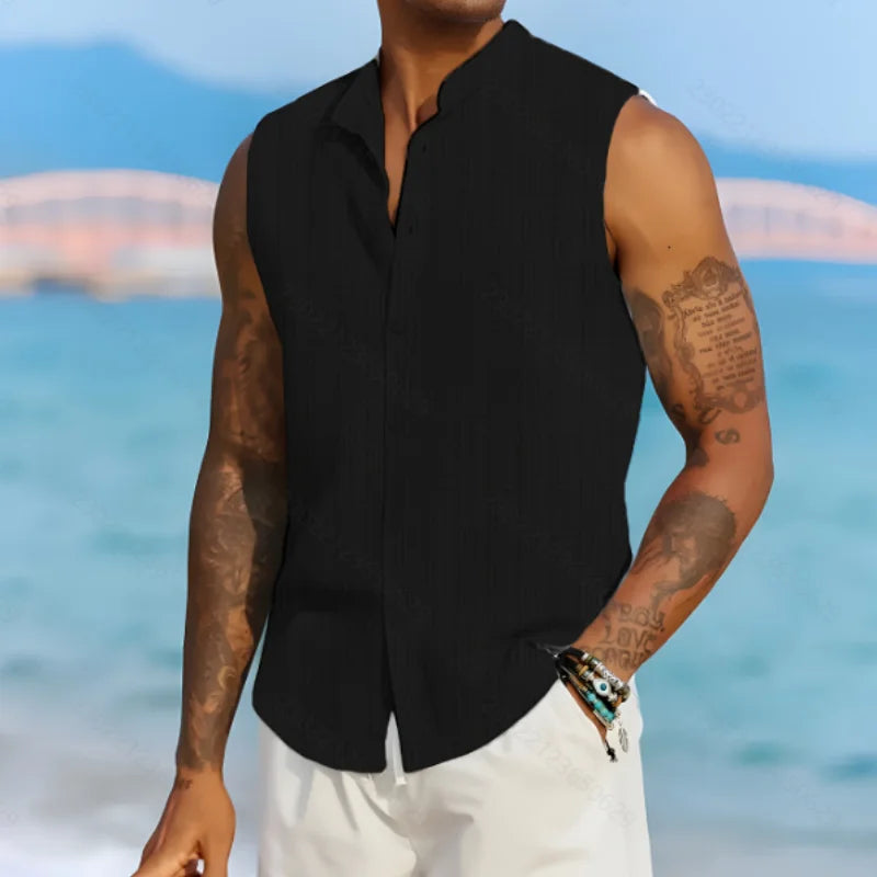 Summer New Men's Chinese style solid color casual jacquard cardigan comfortable breathable stand-up collar sleeveless shirt